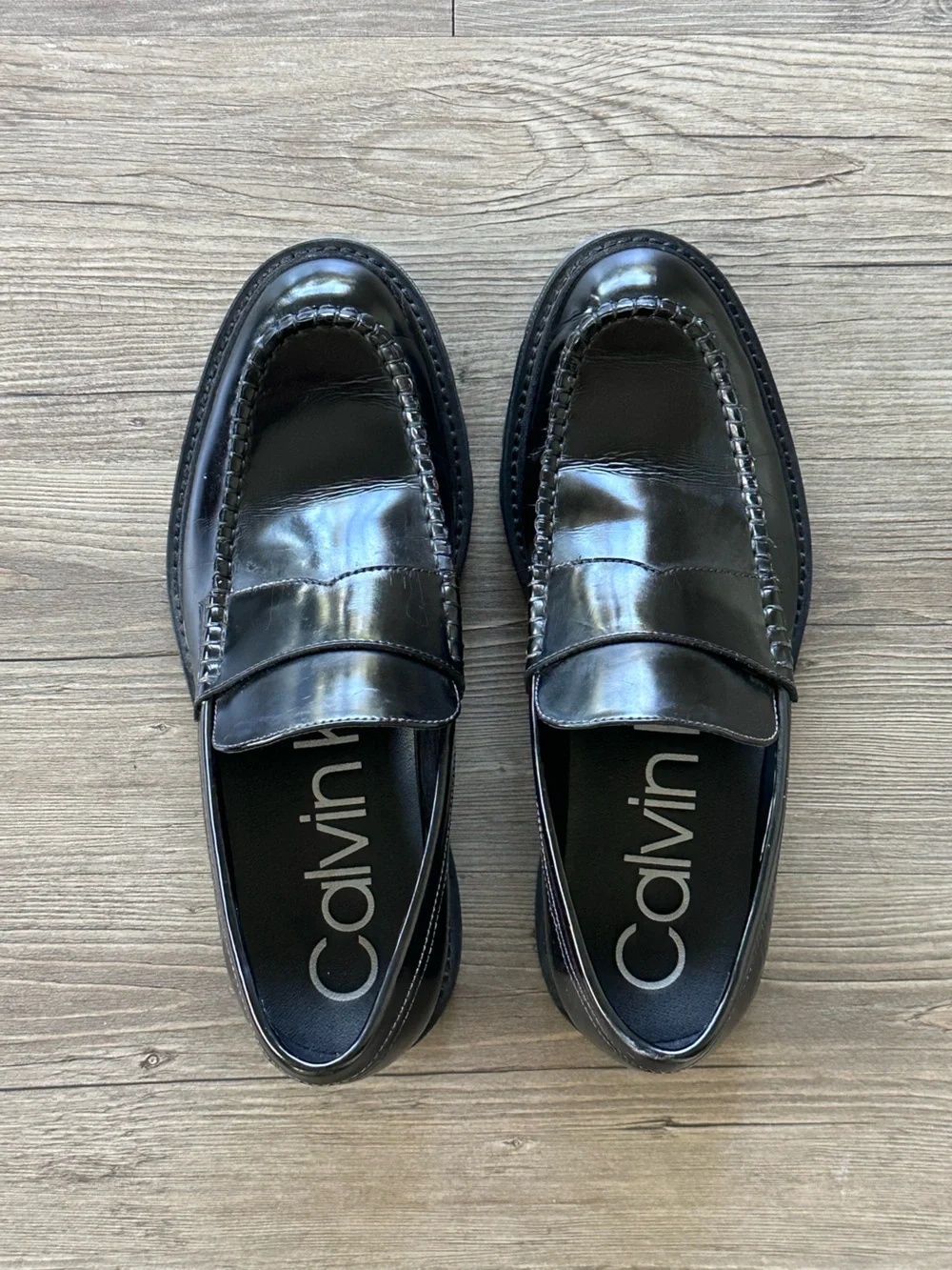 Calvin Klein Black Patent Leather Lug Sole Penny Loafers unisex men/women